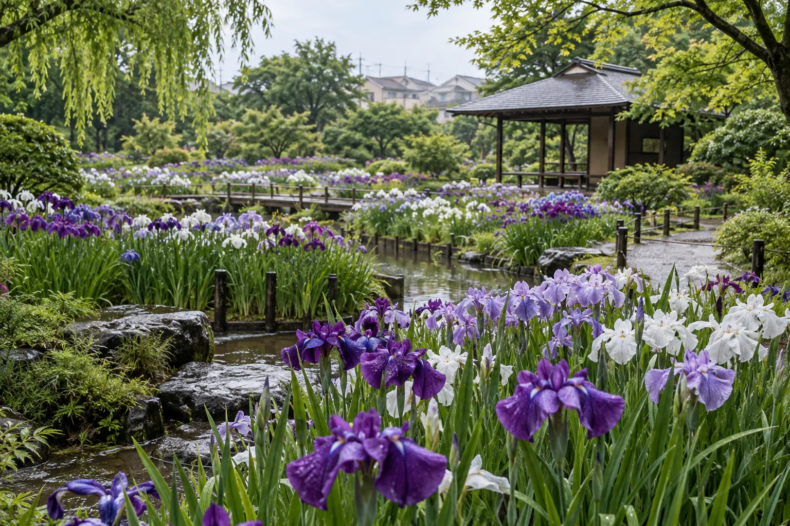 東京都葛飾区・堀切菖蒲園の花菖蒲をイメージした生成画像