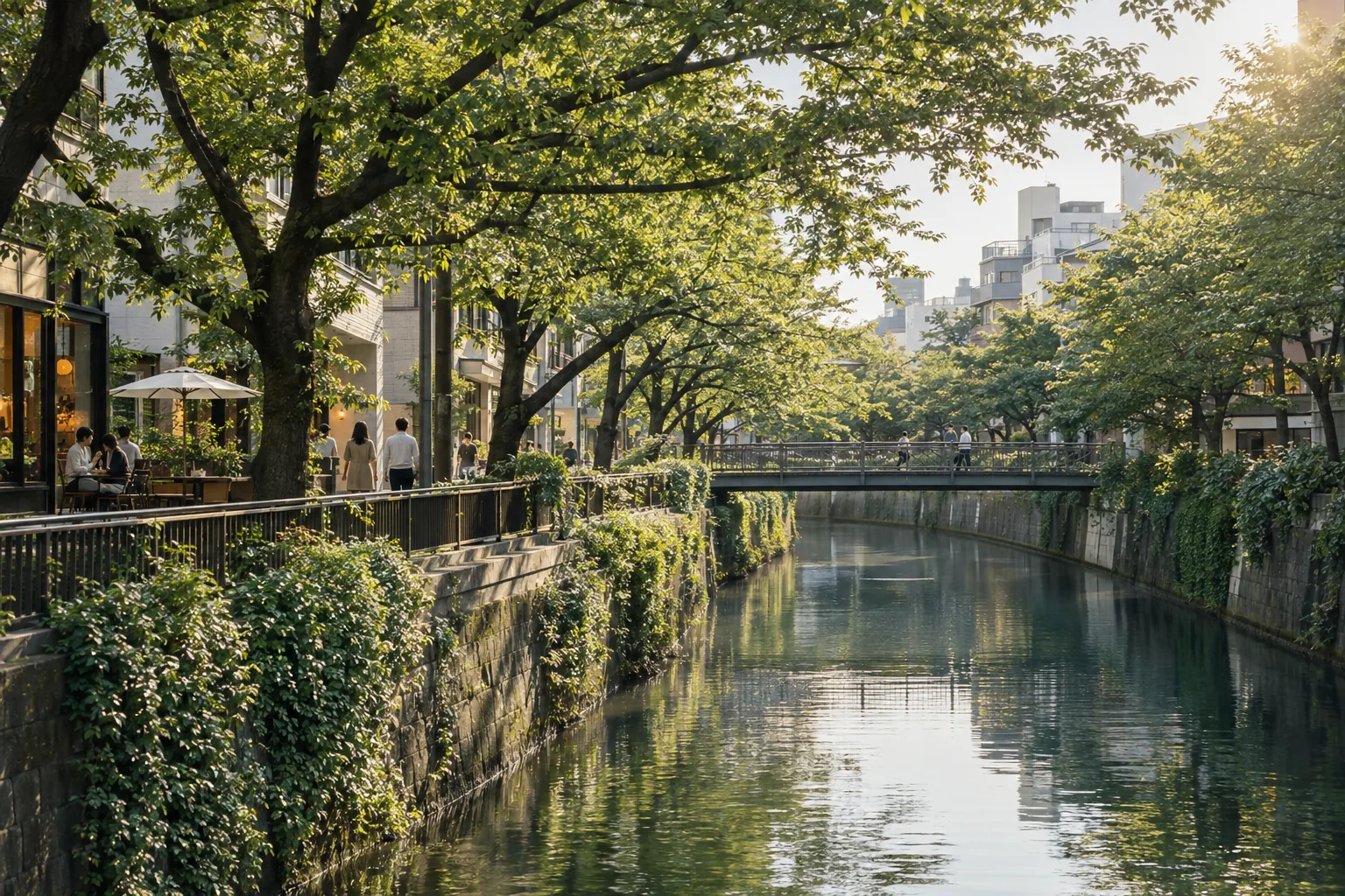 東京都目黒区の目黒川沿いと緑の桜並木をイメージした生成画像
