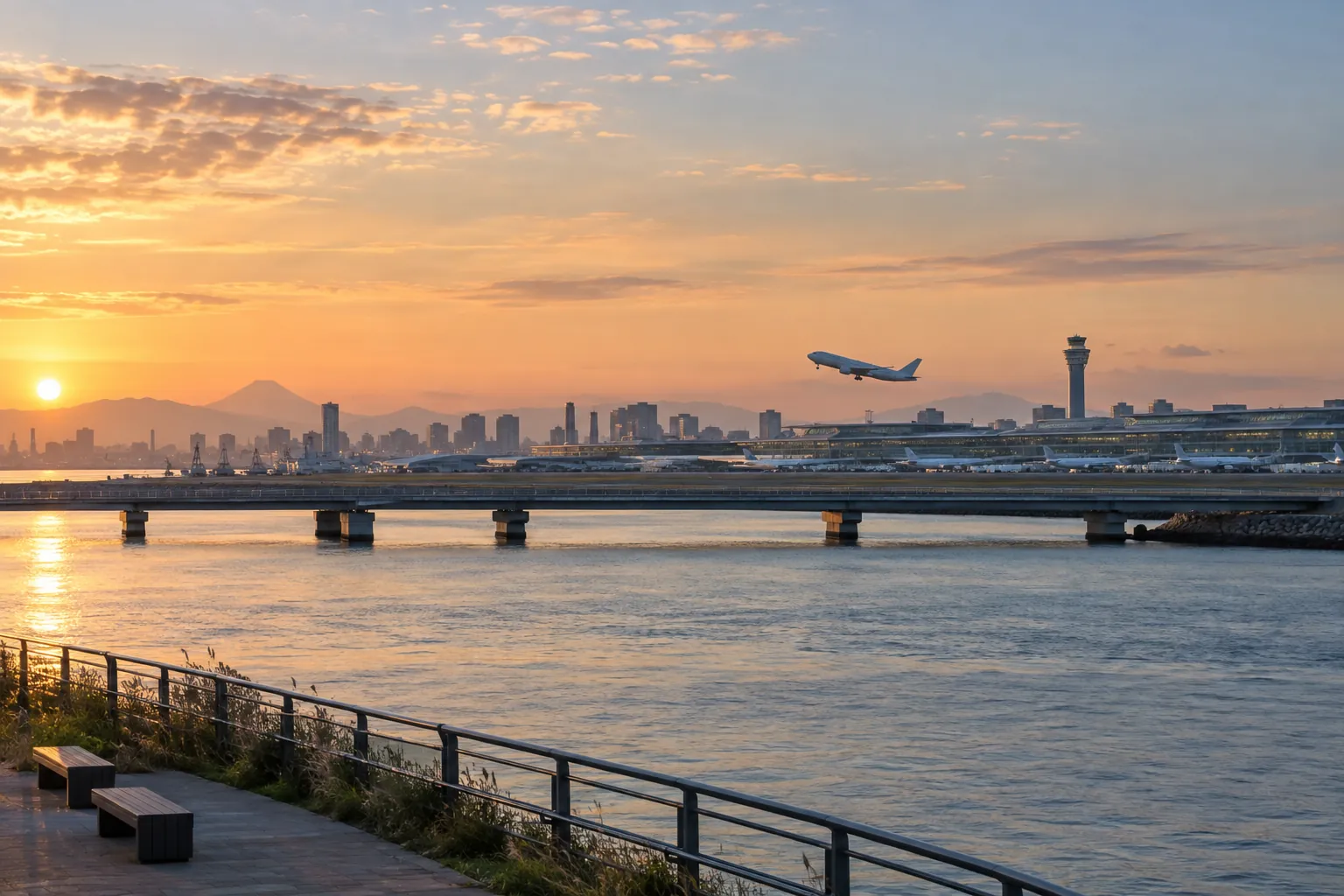 東京都大田区の羽田空港と多摩川の水辺をイメージした生成画像
