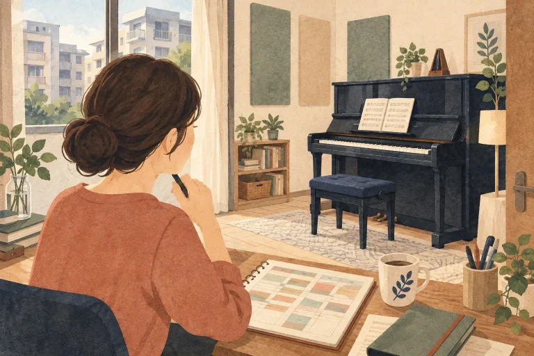 自宅のピアノ教室の先生が演奏時間と部屋の条件を確認する生成イラスト