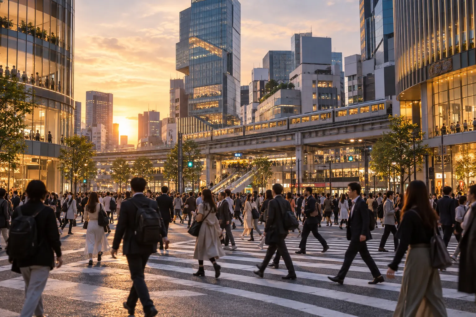 東京都渋谷区の駅周辺とスクランブル交差点の活気をイメージした生成画像