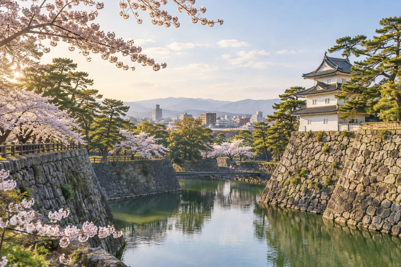 津城跡を思わせる石垣と桜の公園を描いた生成画像