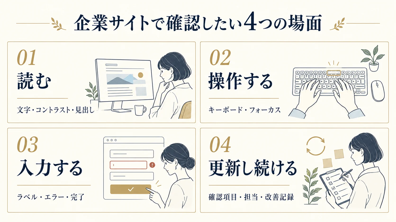 企業サイトで確認したい4つの場面。読むための文字・配色・見出し、キーボード操作とフォーカス、入力ラベル・エラー・完了、更新時の確認項目・担当・改善記録。