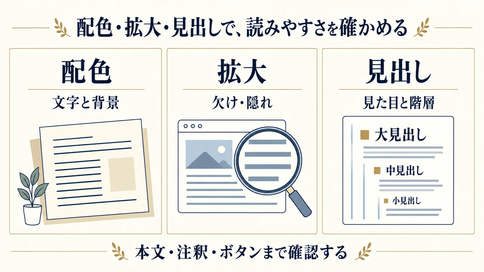 読むための三つの点検。文字と背景のコントラスト、拡大時の欠けや隠れ、見出しの見た目と文書階層を確認する。