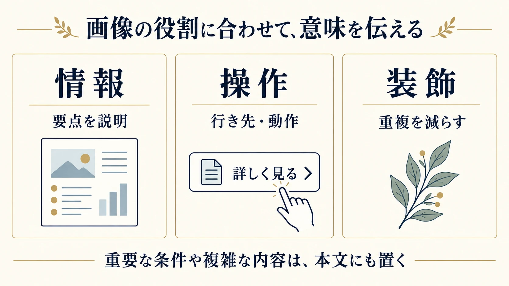 情報を伝える画像は要点を説明し、操作に使う画像は行き先や動作を伝える。装飾は重複を減らし、重要条件や複雑な図の内容は本文にも置く。