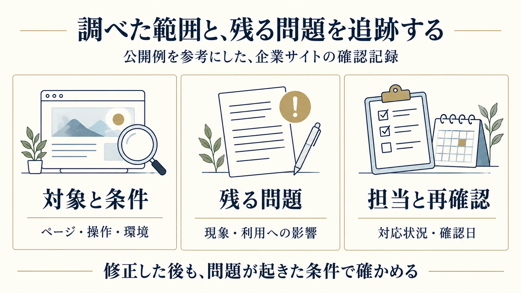 公開例を企業サイトへ応用した確認記録。対象と条件、残る問題、担当と再確認を記録する。修正したことと利用できることの確認を分ける。