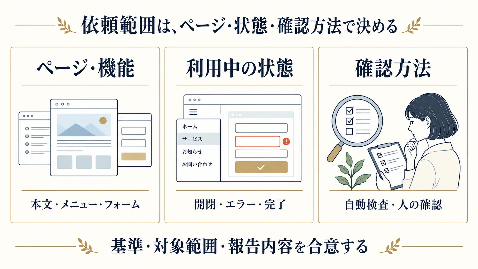 制作会社への依頼でそろえる三つの情報。ページと機能、開閉やエラーなどの状態、自動検査と人による確認の方法。基準、対象範囲、報告内容を合意する。