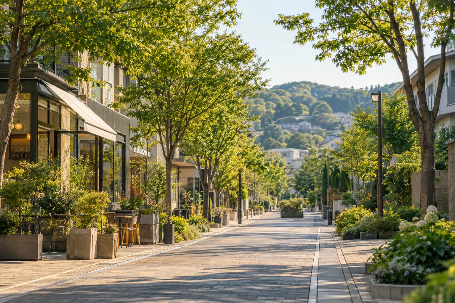 横浜市青葉区の緑ある商店街と住宅地に着想を得た架空の街並みの生成画像