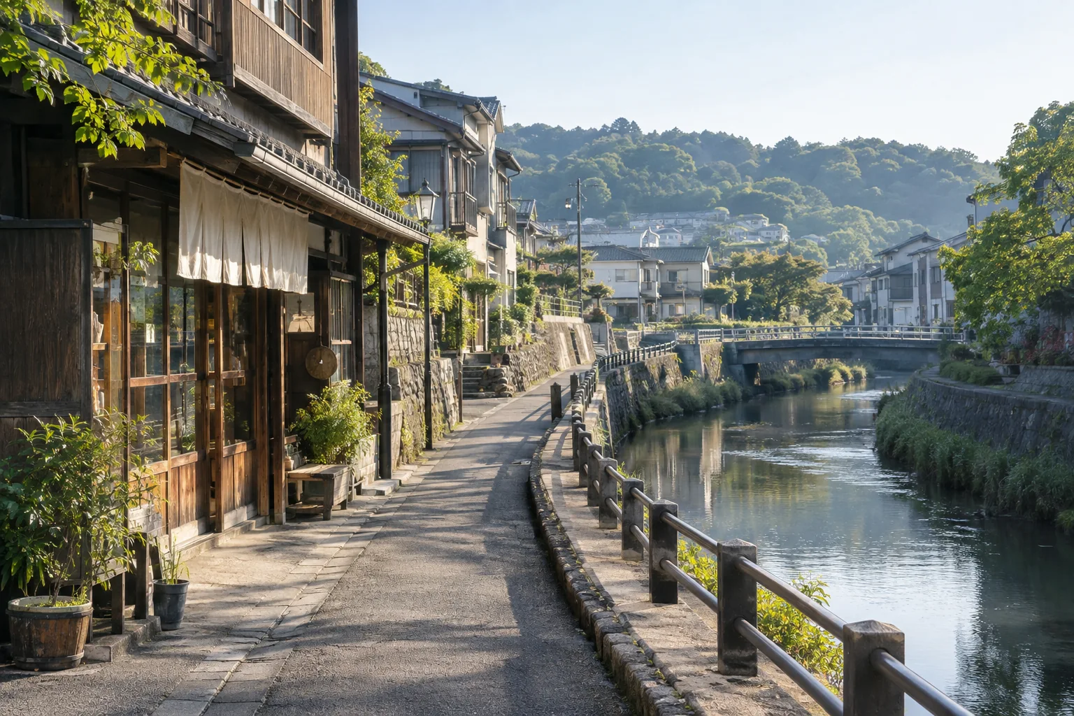横浜市保土ケ谷区の旧街道の商いと川沿いの暮らしに着想を得た架空の風景の生成画像