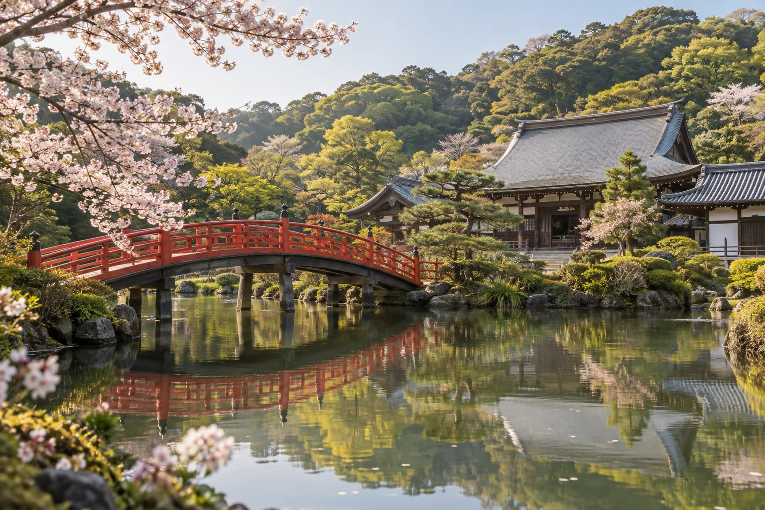 横浜市金沢区の称名寺庭園を思わせる橋と池の生成画像