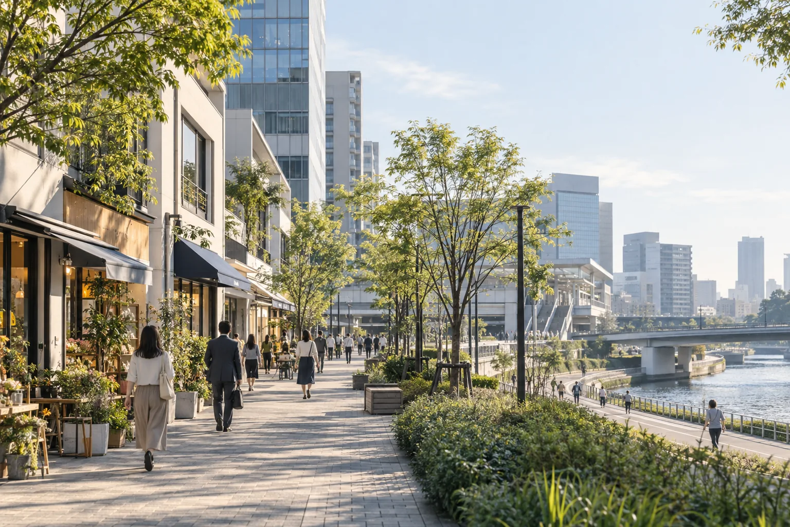 横浜市港北区の駅前の仕事と商いと川沿いに着想を得た架空の風景の生成画像
