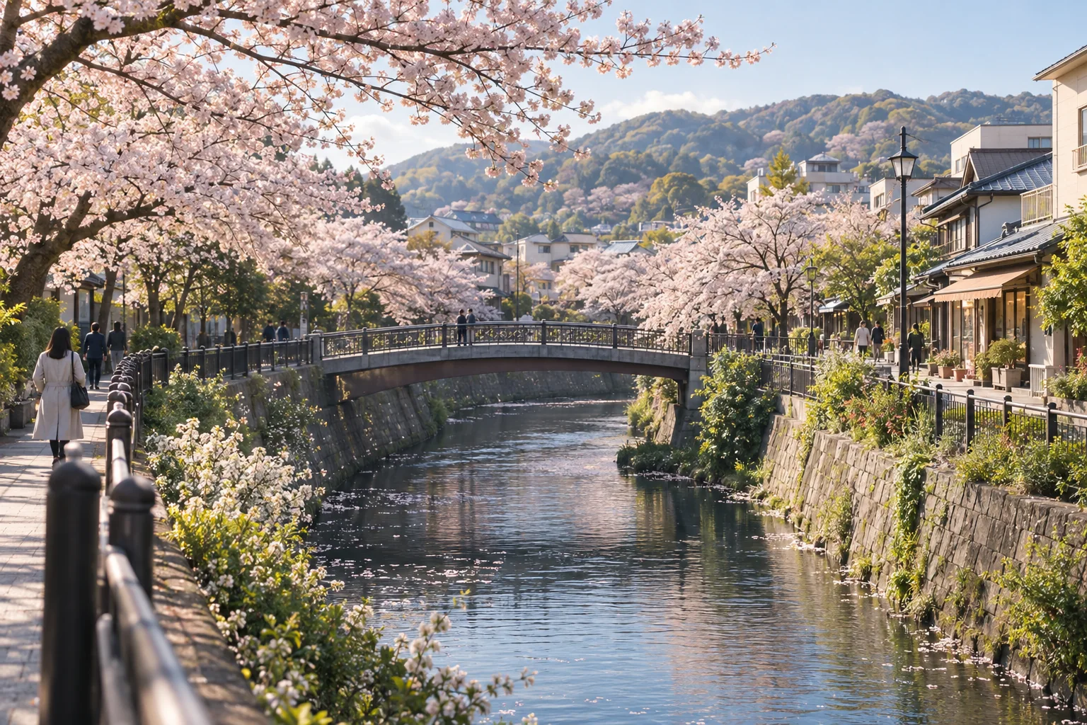 横浜市南区の桜・川沿いの商い・丘に着想を得た架空の風景の生成画像