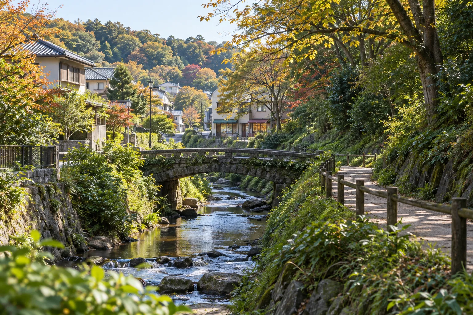 横浜市栄区のいたち川と森に着想を得た架空の小川と住宅地の生成画像