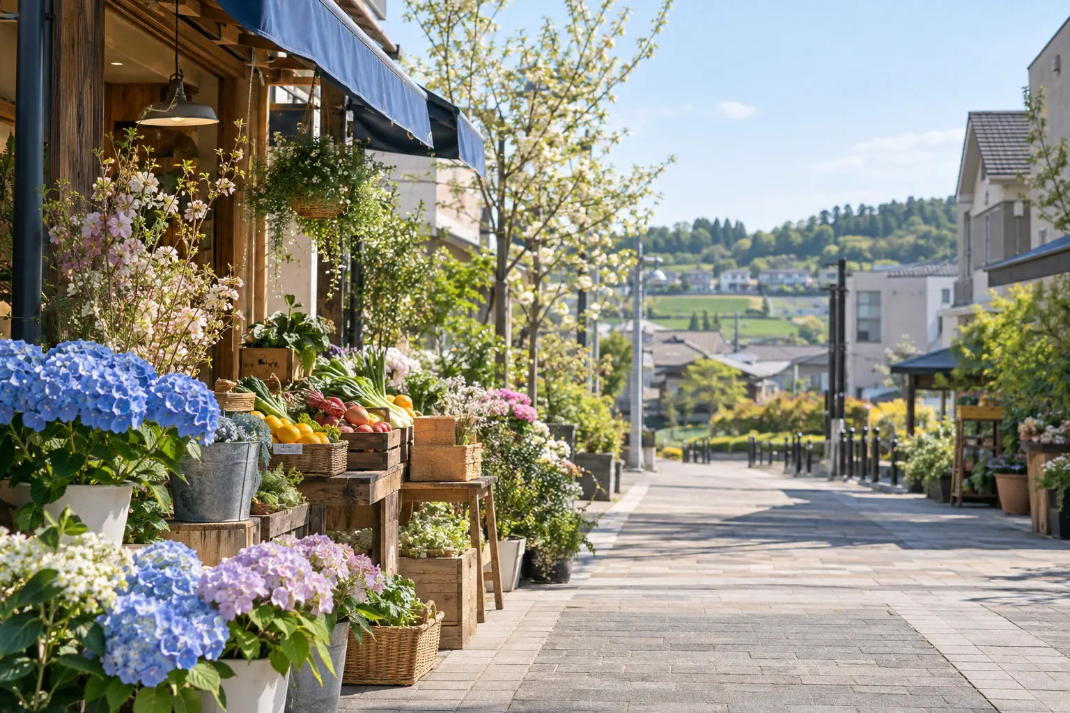 横浜市瀬谷区の花と駅前の商いに着想を得た架空の街路の生成画像