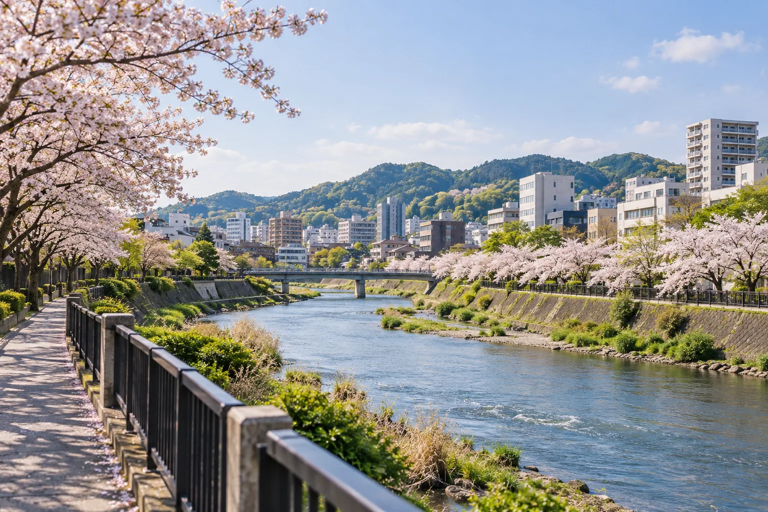 横浜市戸塚区の川沿いの桜と駅前に着想を得た架空の風景の生成画像