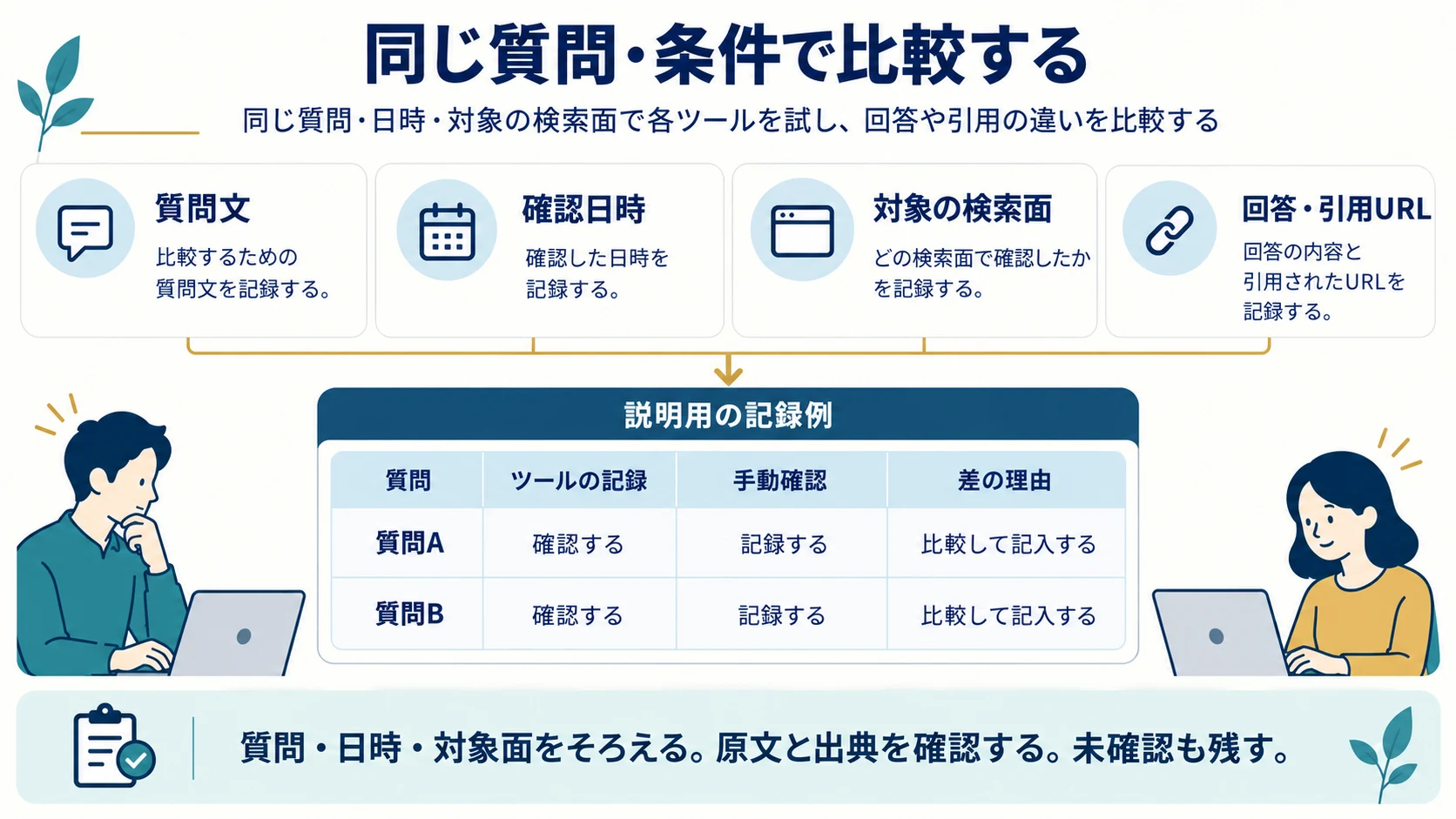 質問と条件を固定し、回答原文と出典を照合して判定を残す試験票の図