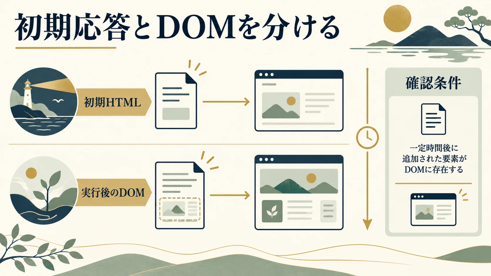 同じURLの初期応答とJavaScript実行後のDOMを分けて比較する図