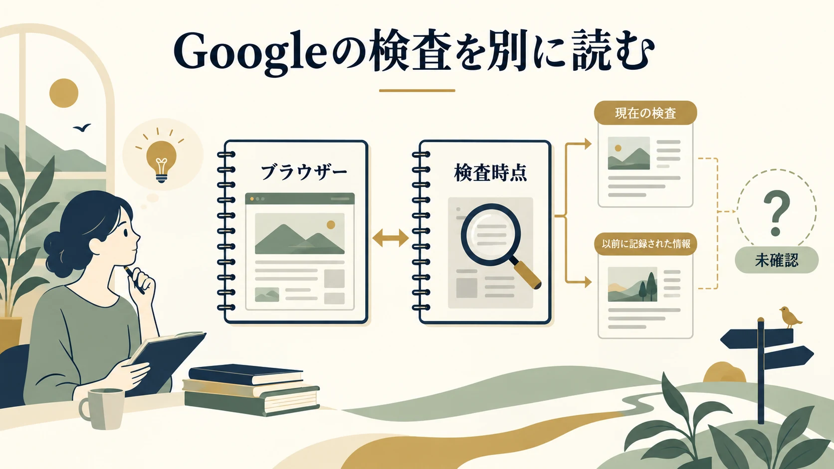 ブラウザー表示とGoogleの検査、現在の試験と登録済み情報を分ける図