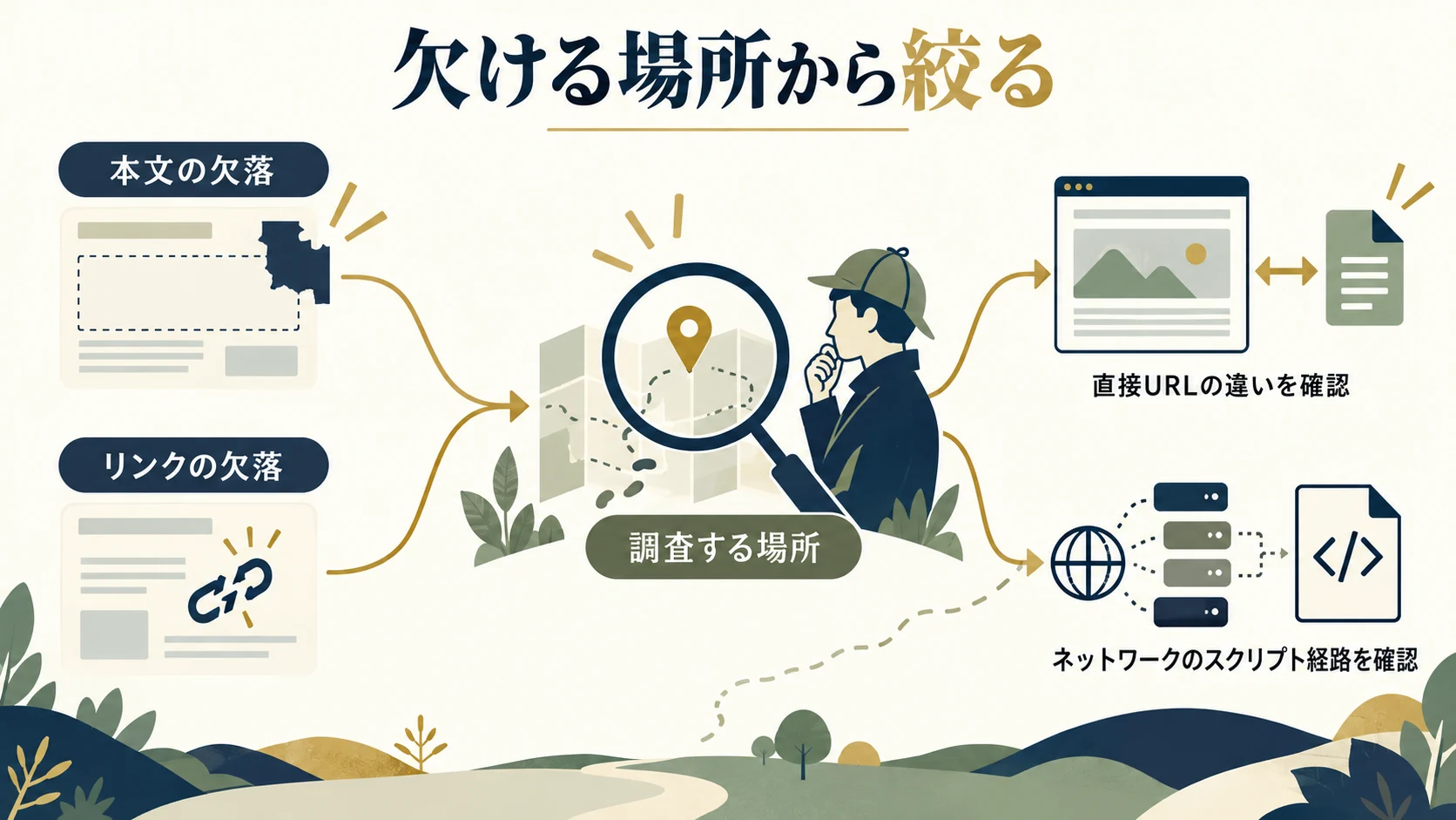 本文欠落、リンク欠落、直接URLの差から調査先を絞る分岐図