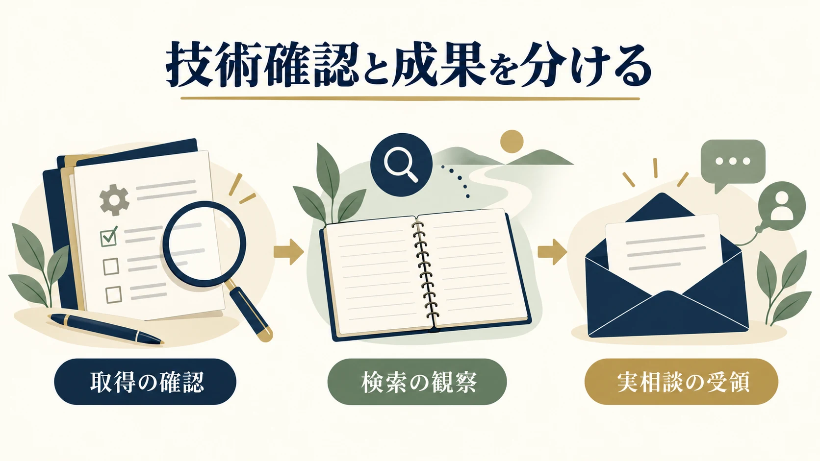 技術的な取得確認と検索表示、相談受領、解決を別に記録する図