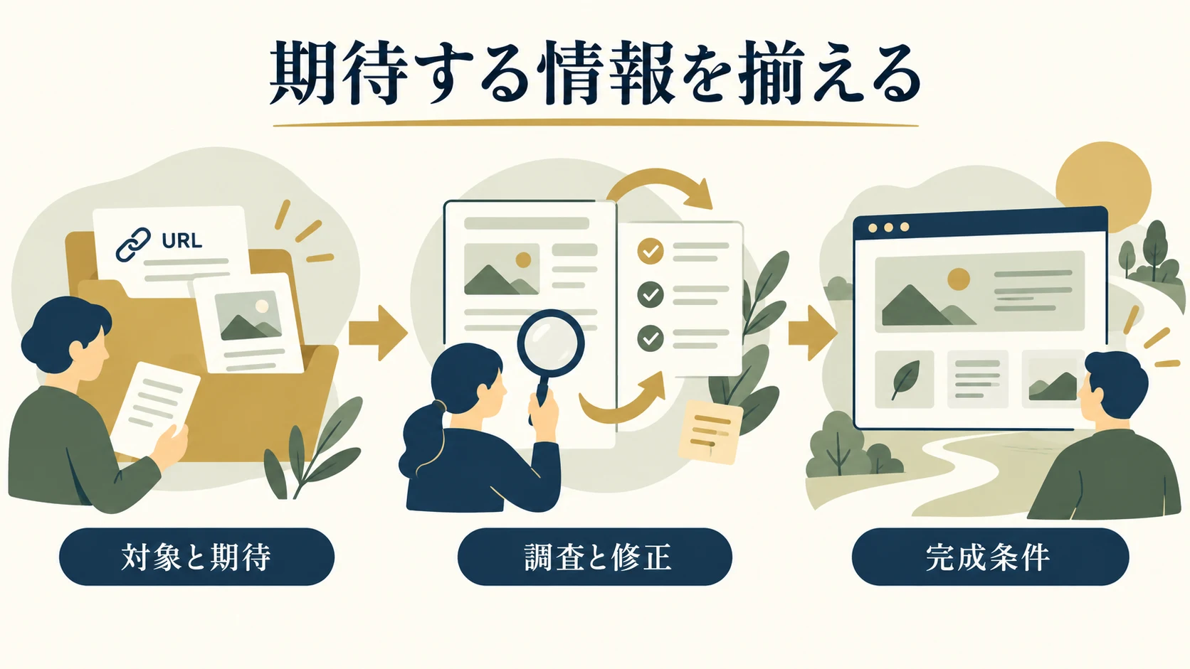 対象URLと期待する情報、実装の調査範囲、確認後の完成状態を示す図