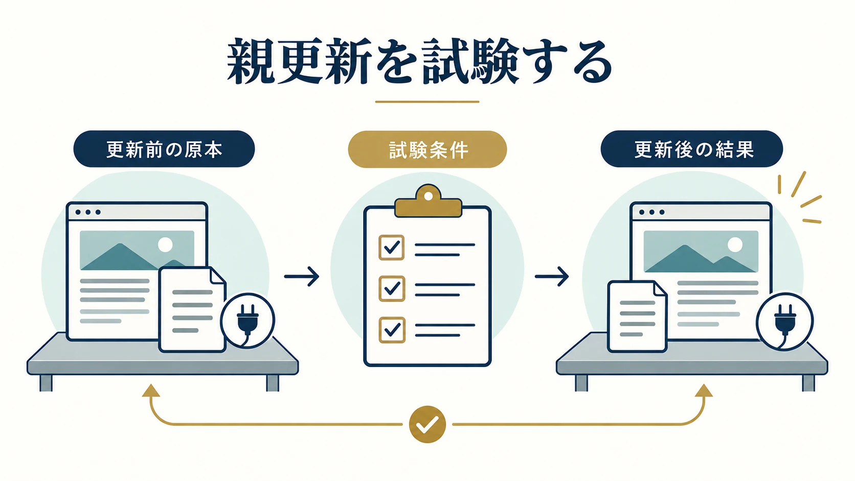 親更新の前後で画面、入力、操作、業務機能を比べる試験票の図