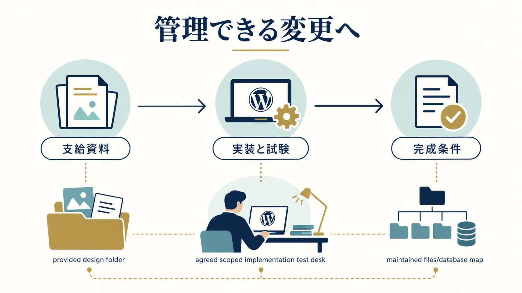 変更資料、実装と試験の範囲、次の担当が管理できる完成状態を示す図