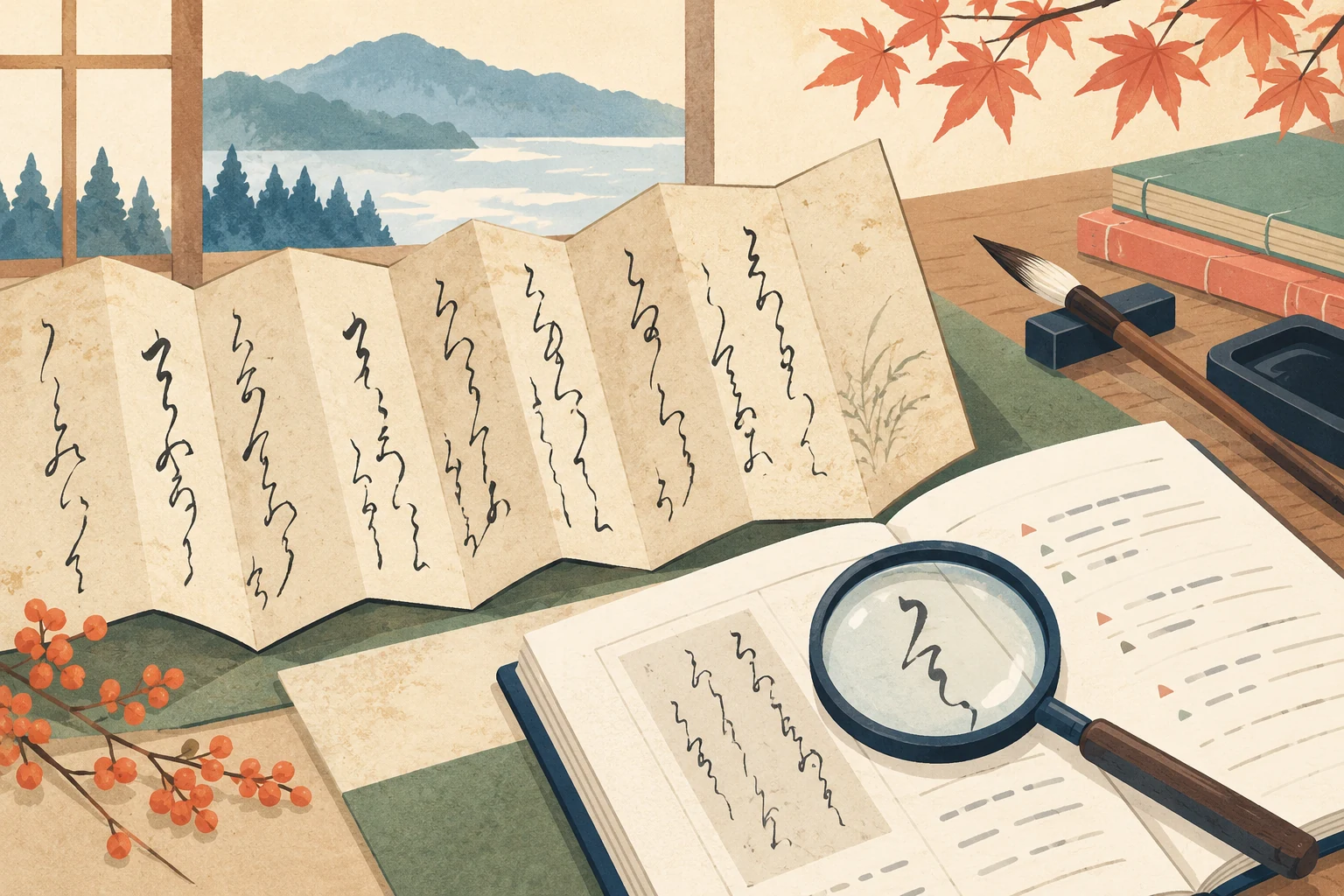秋田の書道教室でくずし字学習を案内するにはを表す説明用の生成イラスト