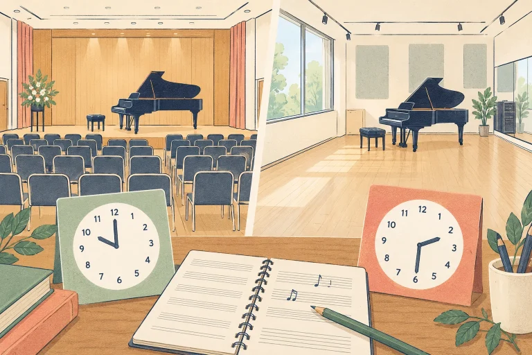 青森のピアノ教室の会場計画を表す説明用の生成イラスト