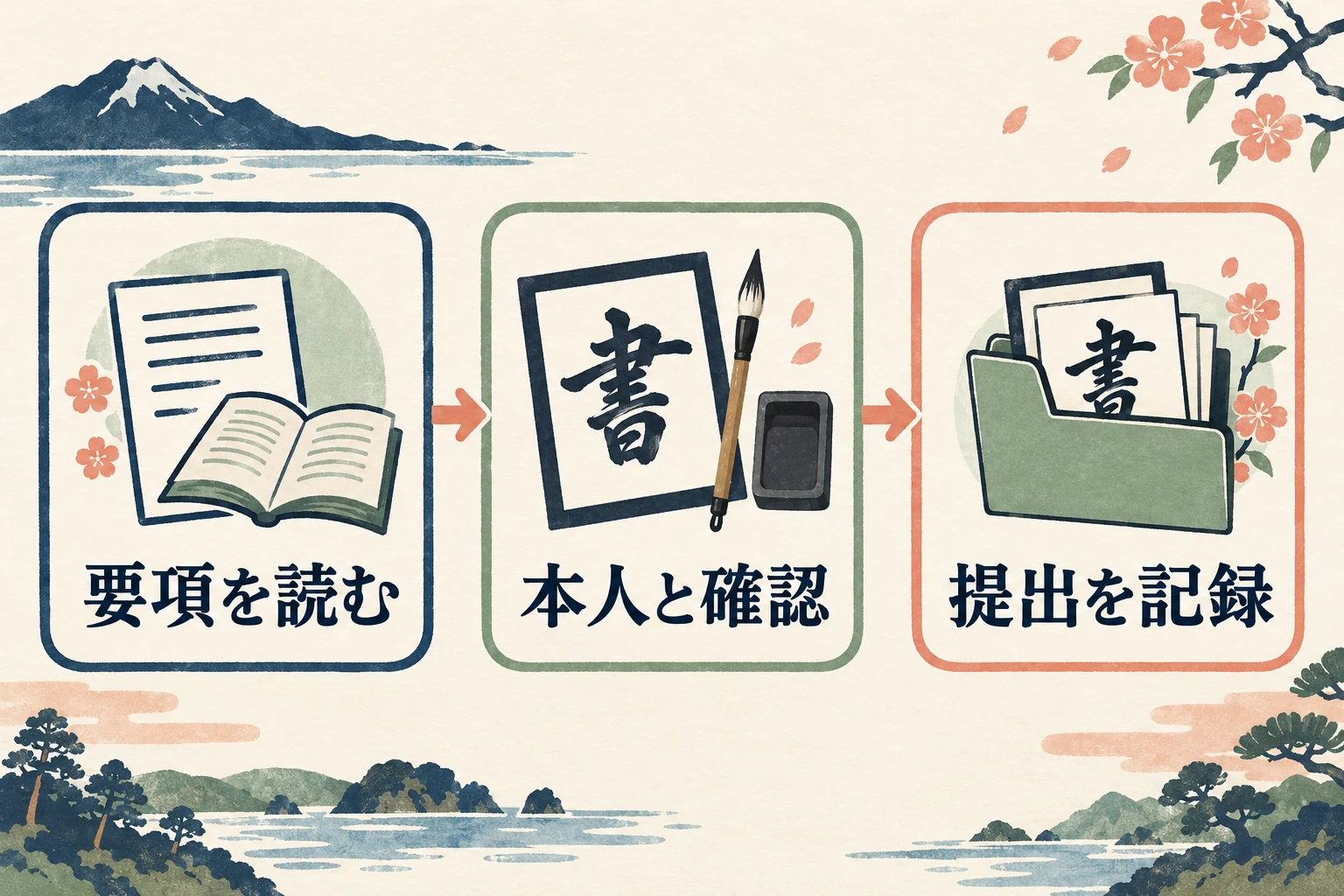 要項を読む、本人と確認、提出を記録の順に進める手順の図