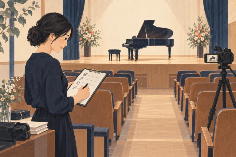 千葉のピアノ教室で発表会を収録するにはを表す先生向けのイラスト