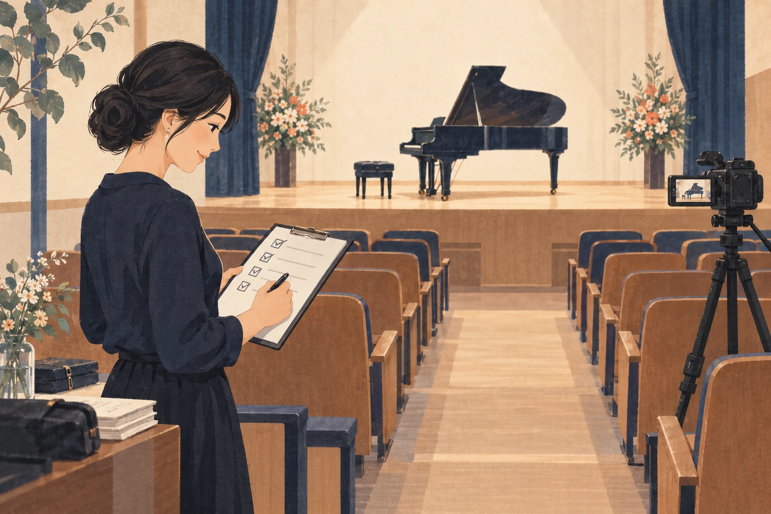 千葉のピアノ教室で発表会を収録するにはを表す先生向けのイラスト