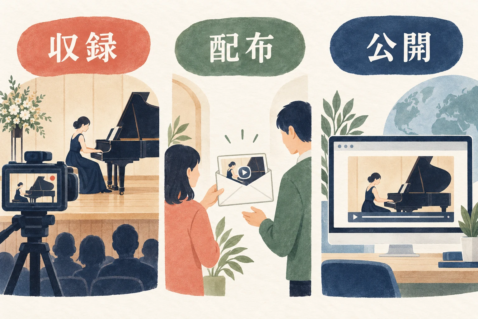 発表会の収録、参加者への配布、Web公開を独立した確認として示す図
