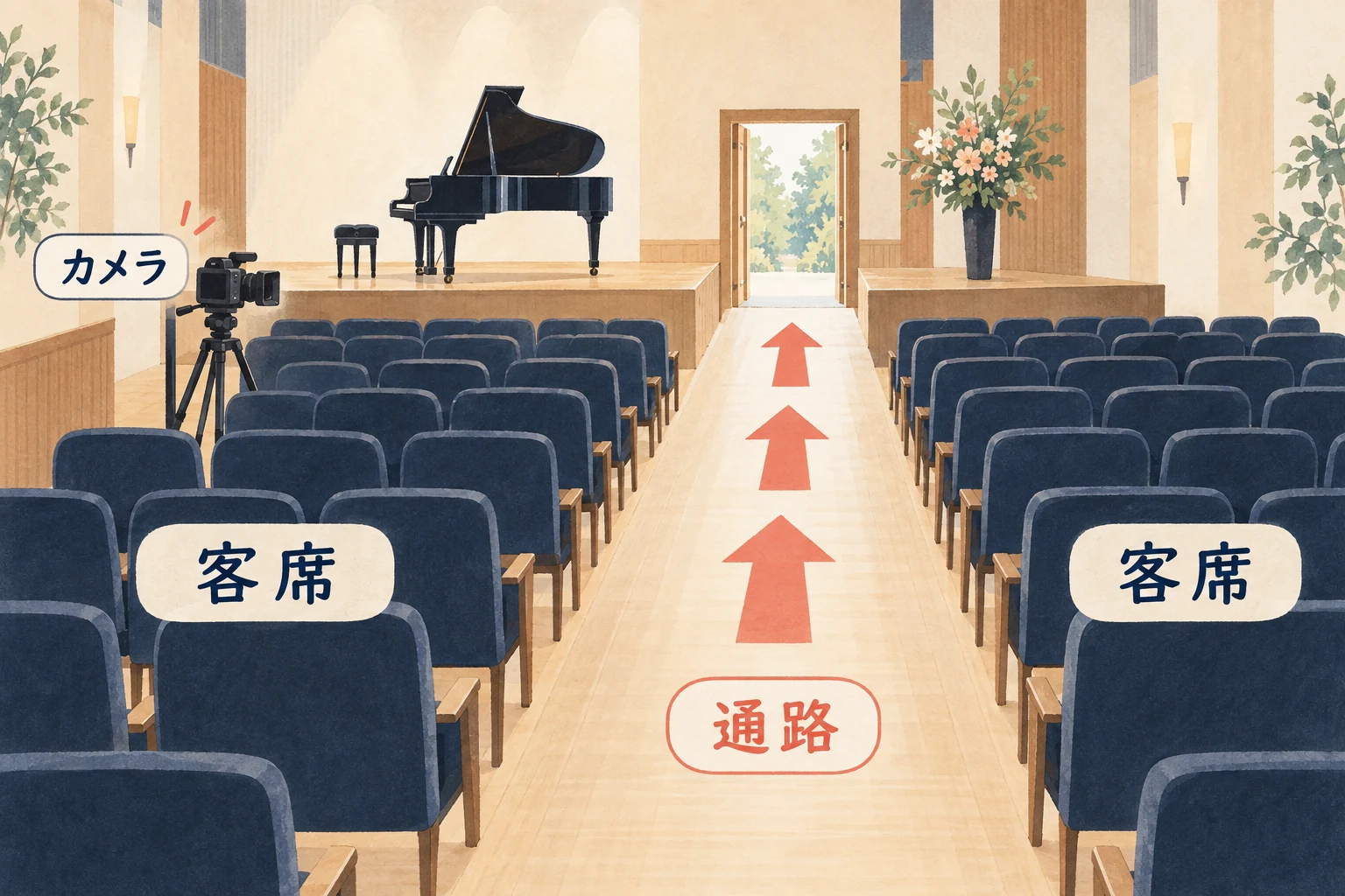 撮影位置を客席のそばに設け、通路を空けて確認するための概念図