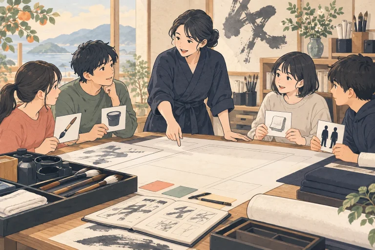 愛媛の書道教室でパフォーマンスを案内するにはを表す生成イラスト