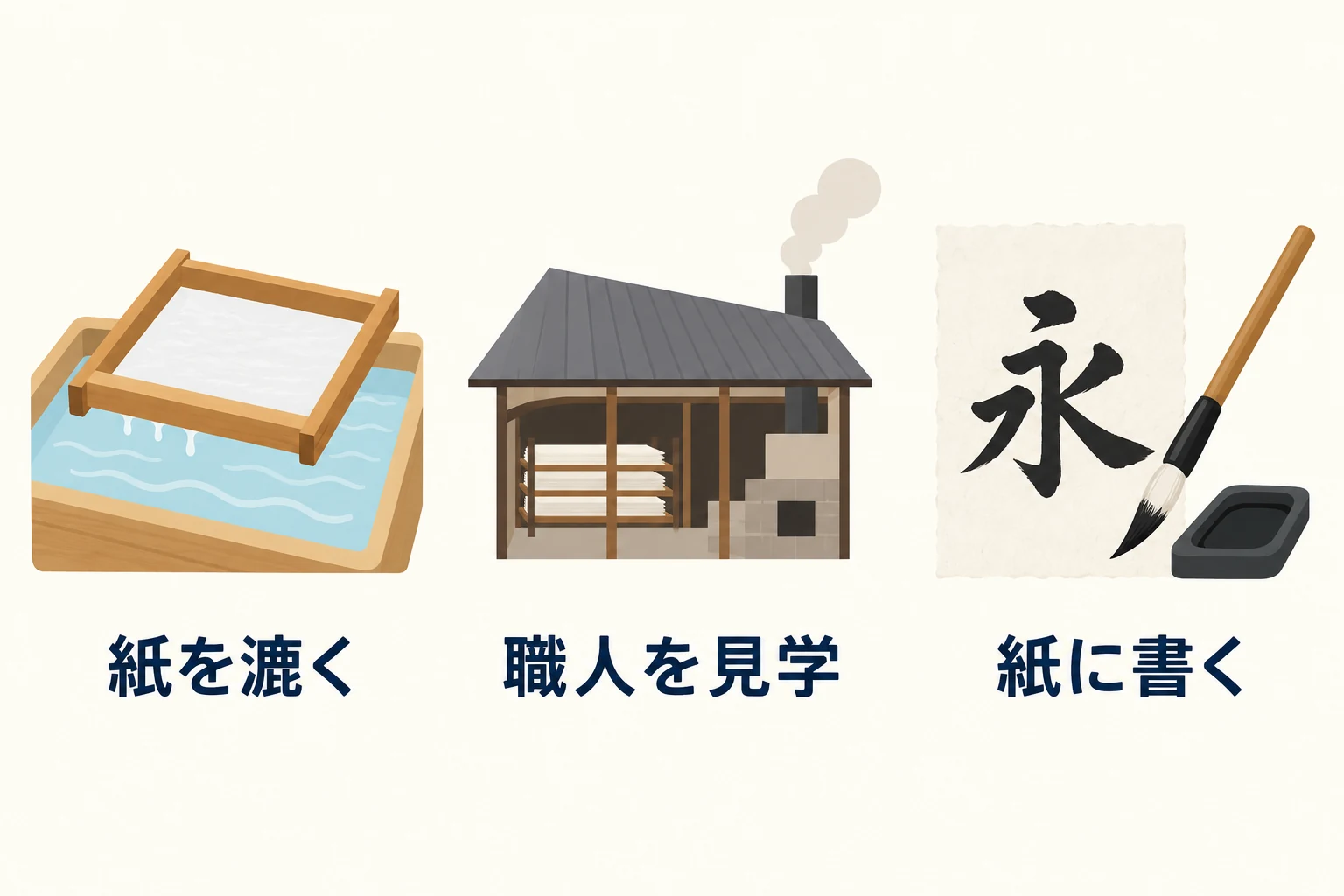 紙を漉く、職人を見学、紙に書くの確認項目を分ける図