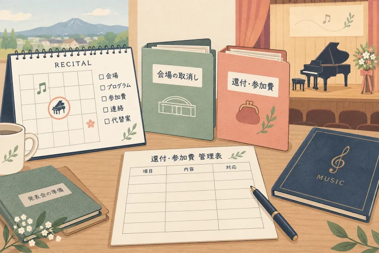 福島のピアノ教室の発表会中止に備えるを表す説明用の生成イラスト