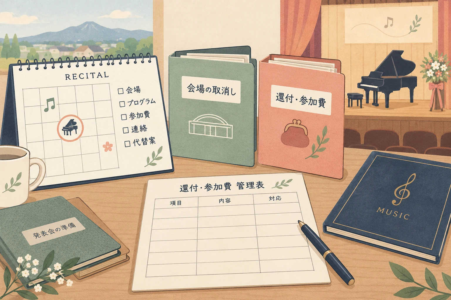 福島のピアノ教室の発表会中止に備えるを表す説明用の生成イラスト