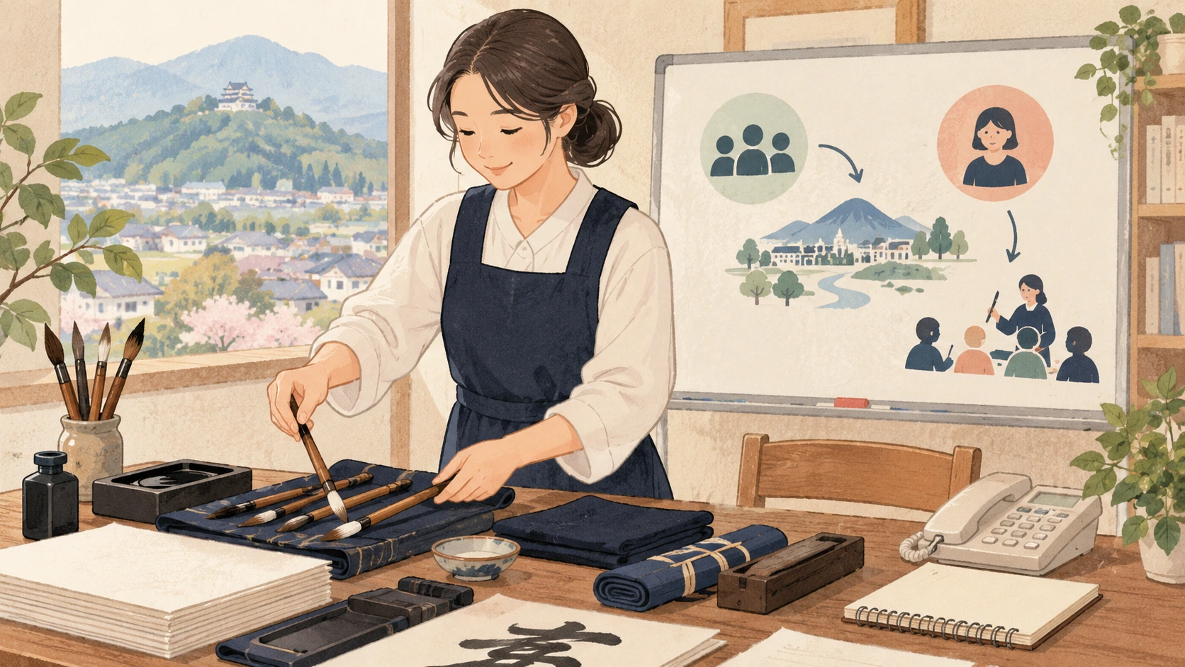 福島・伊達市の書道指導を地域へ届けるにはを表す説明用の生成イラスト