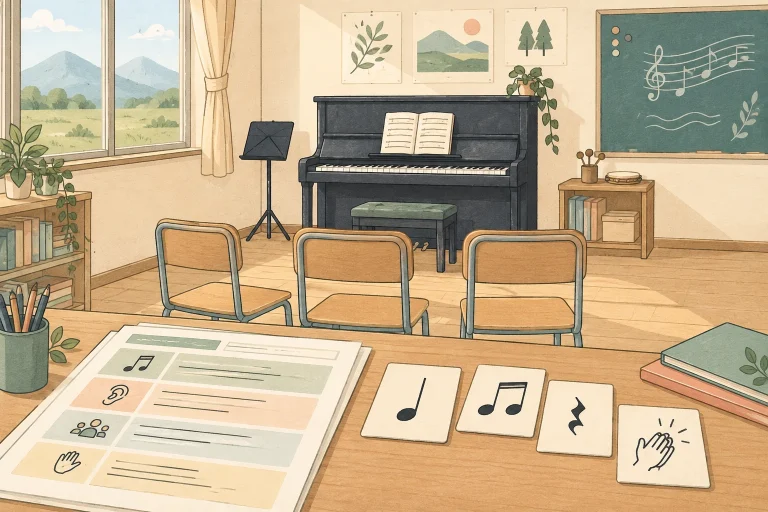 群馬のピアノ教室で学校への出張企画を考えるにはを表す説明用の生成イラスト