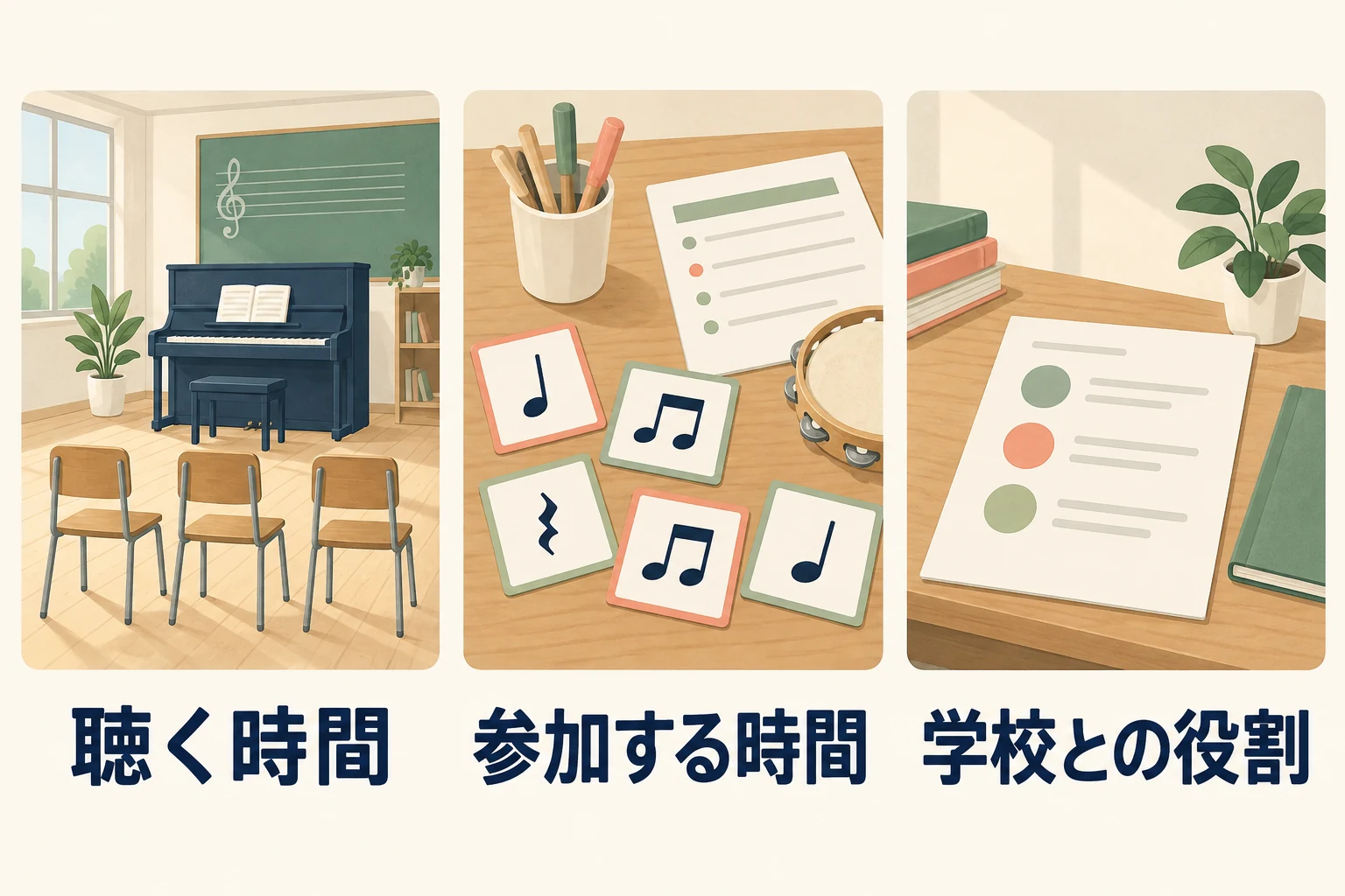 聴く時間、参加する時間、学校との役割の確認項目を分ける図