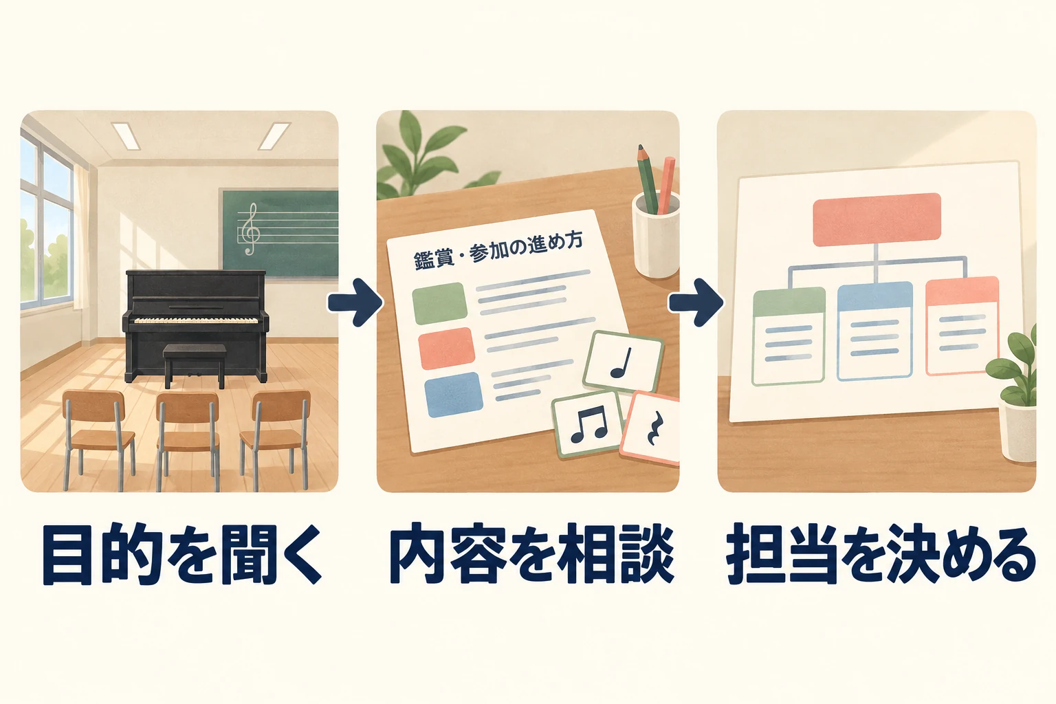 目的を聞く、内容を相談、担当を決めるの順に進める手順の図