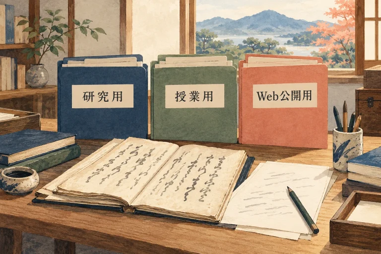 群馬の書道教室で古文書を教材研究に使うにはを表す説明用の生成イラスト