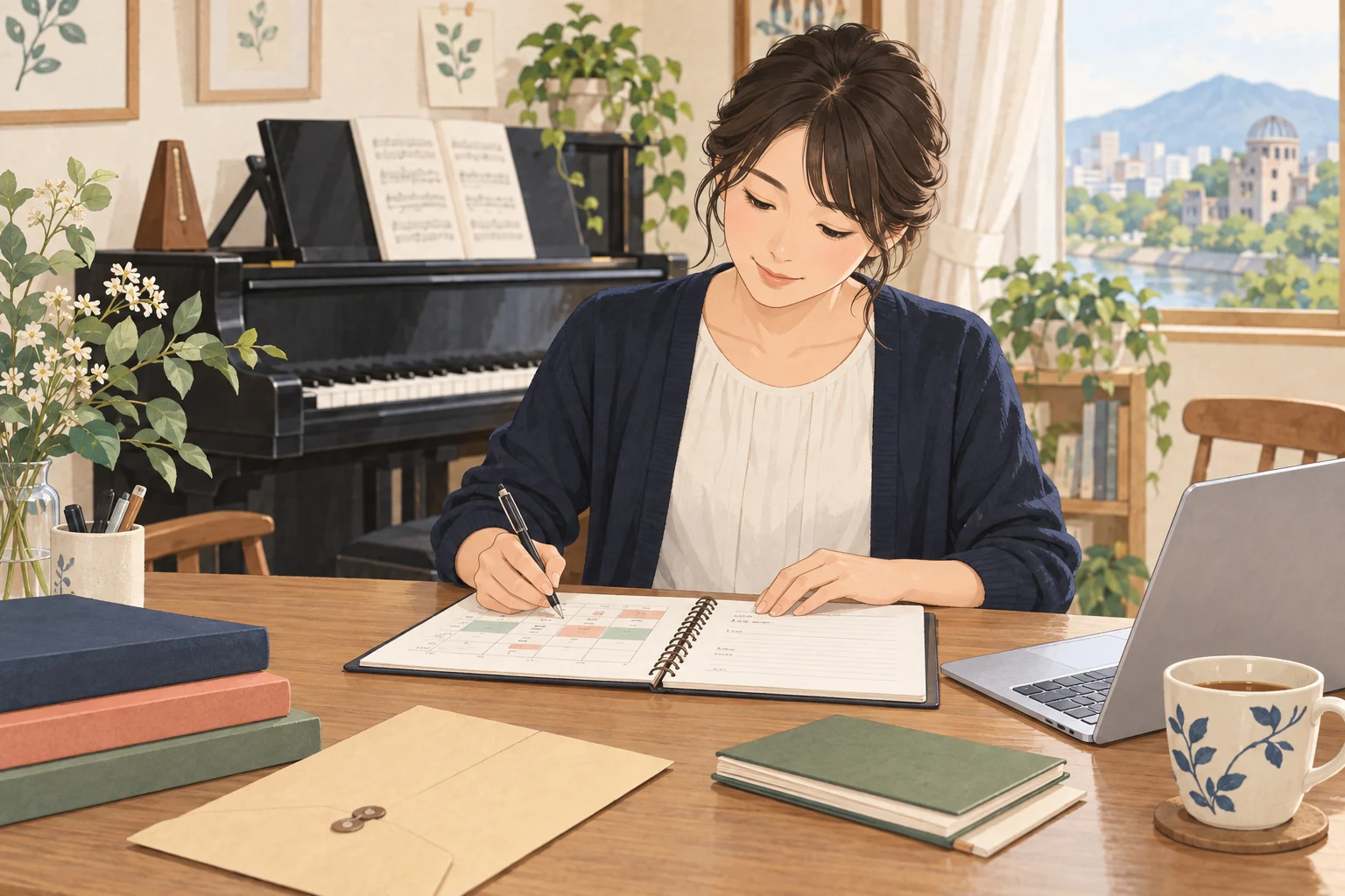 広島でピアノ教室を始める先生の相談準備を表す説明用の生成イラスト