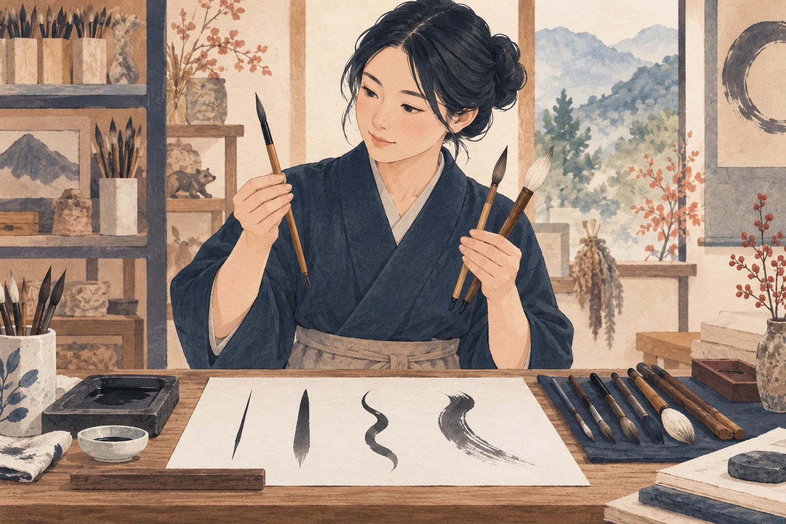 広島の書道教室で筆を案内するにはを表す先生向けのイラスト