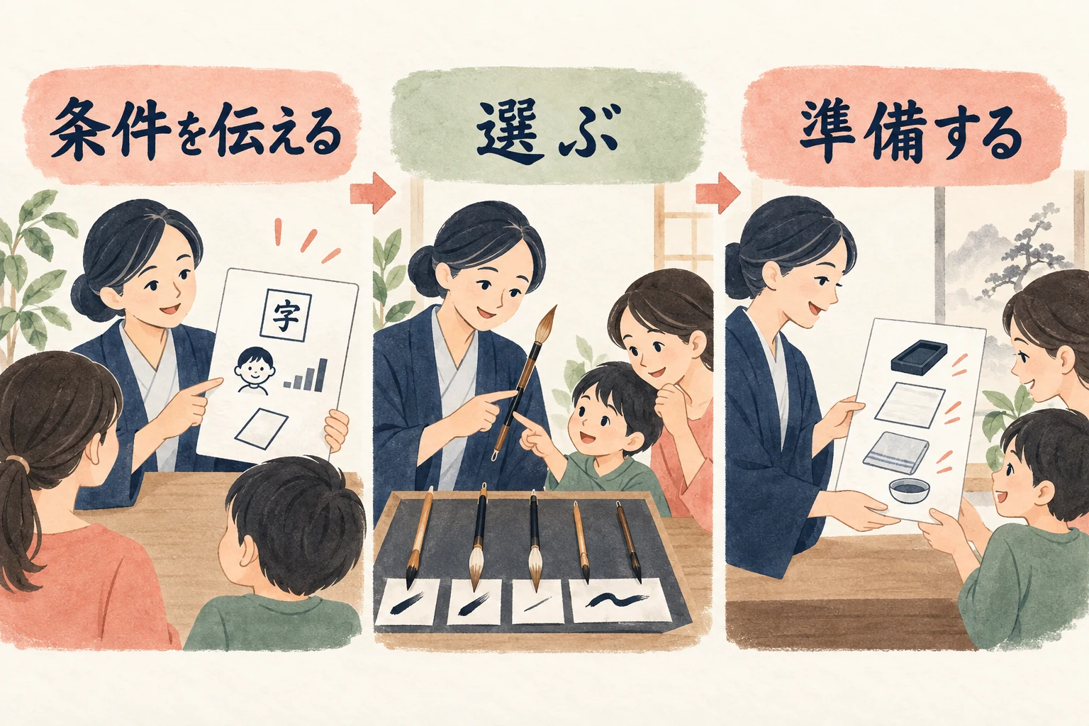 先生が用途の条件を伝え、家庭と筆を選び、初回の準備を案内する三段階の図