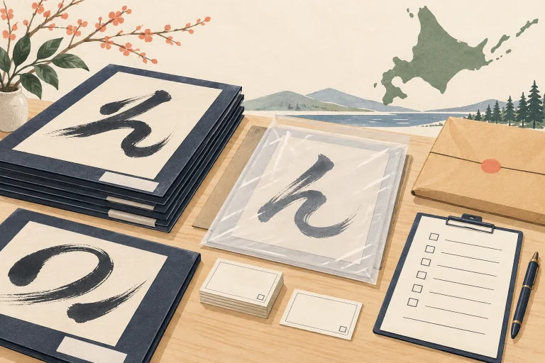 北海道の書道教室で作品をまとめて送るにはを表す説明用の生成イラスト