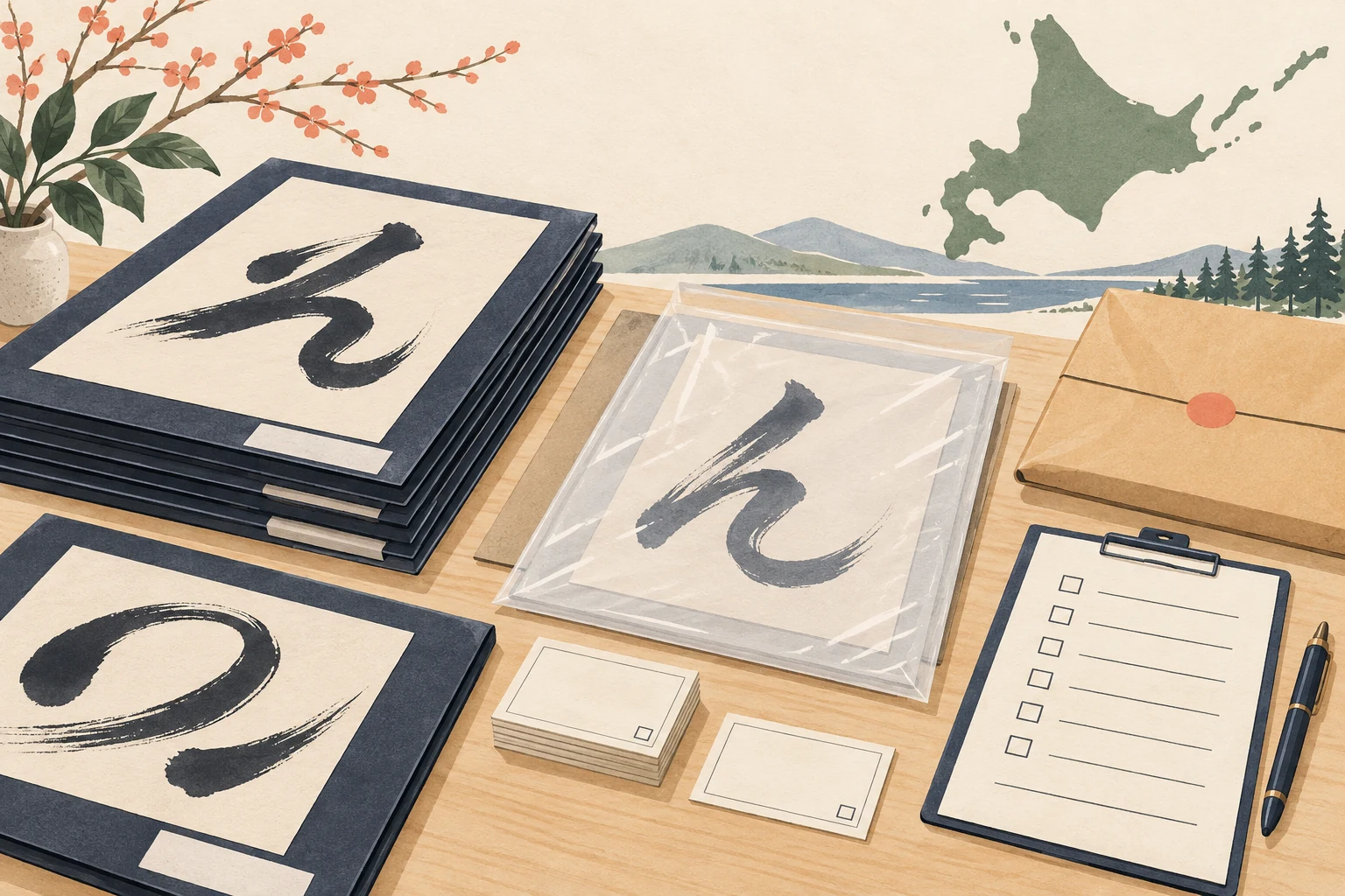 北海道の書道教室で作品をまとめて送るにはを表す説明用の生成イラスト