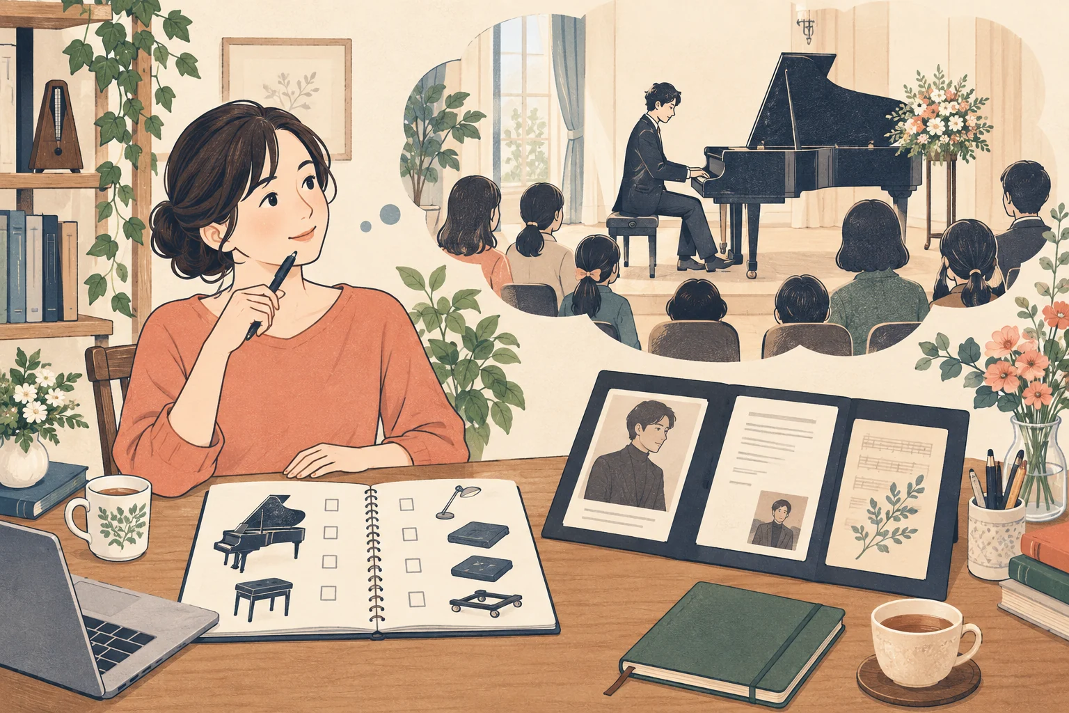 兵庫のピアノ教室でゲスト演奏家を依頼するにはを表す説明用の生成イラスト