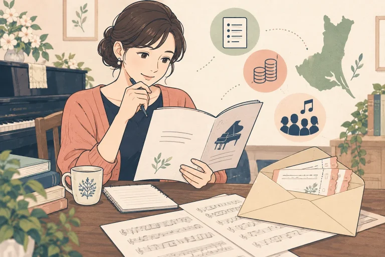 茨城のピアノ教室で県民コンサートを案内するにはを表す生成イラスト